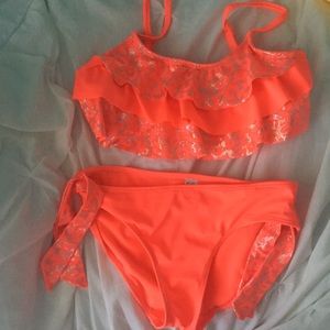 New Neon orange/silver girls RUFFLE BIKINI w/ ties